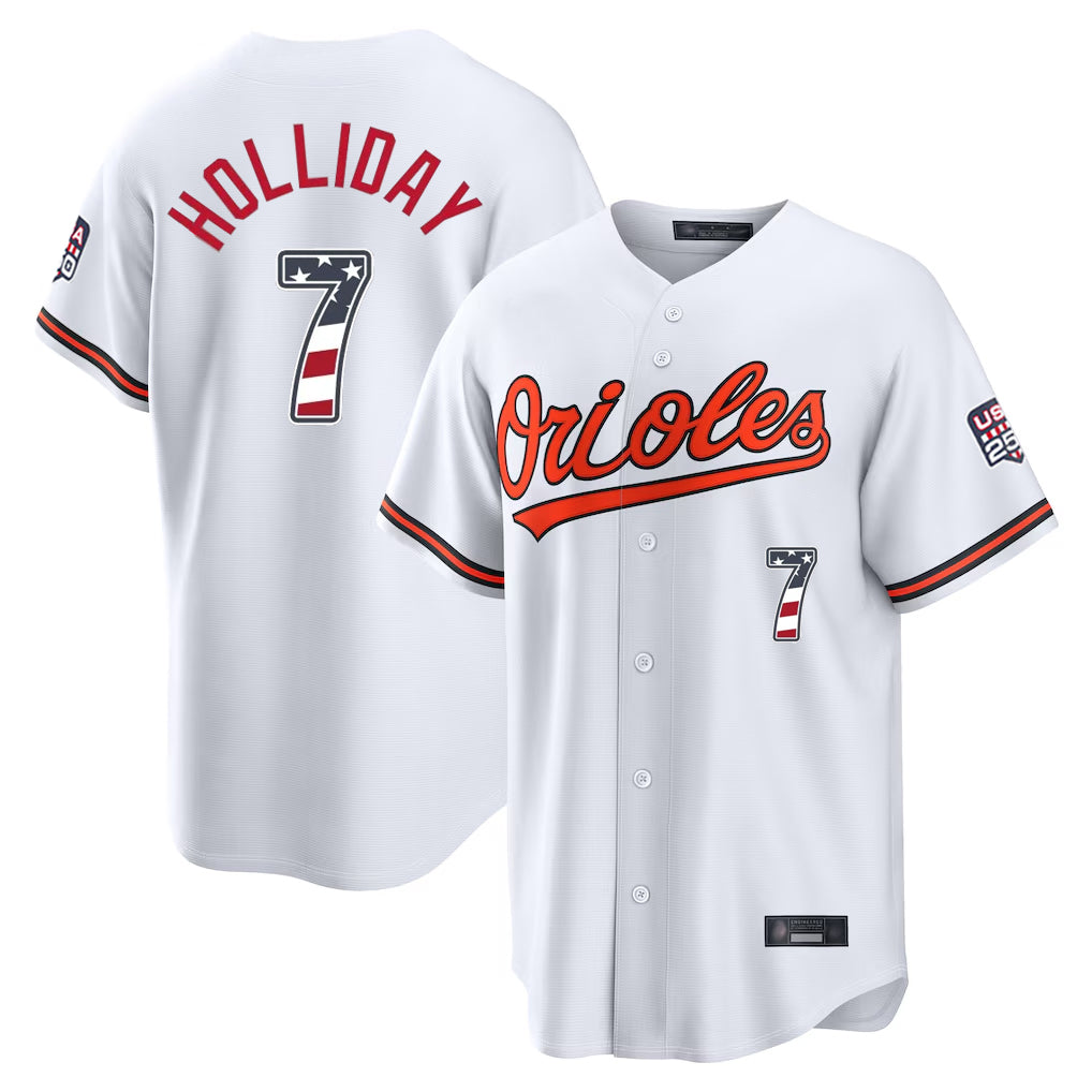 Silnrao B.Orioles #7 Jackson Holliday Player White USA 250 Fourth of July Home Game Stitched Jerseys
