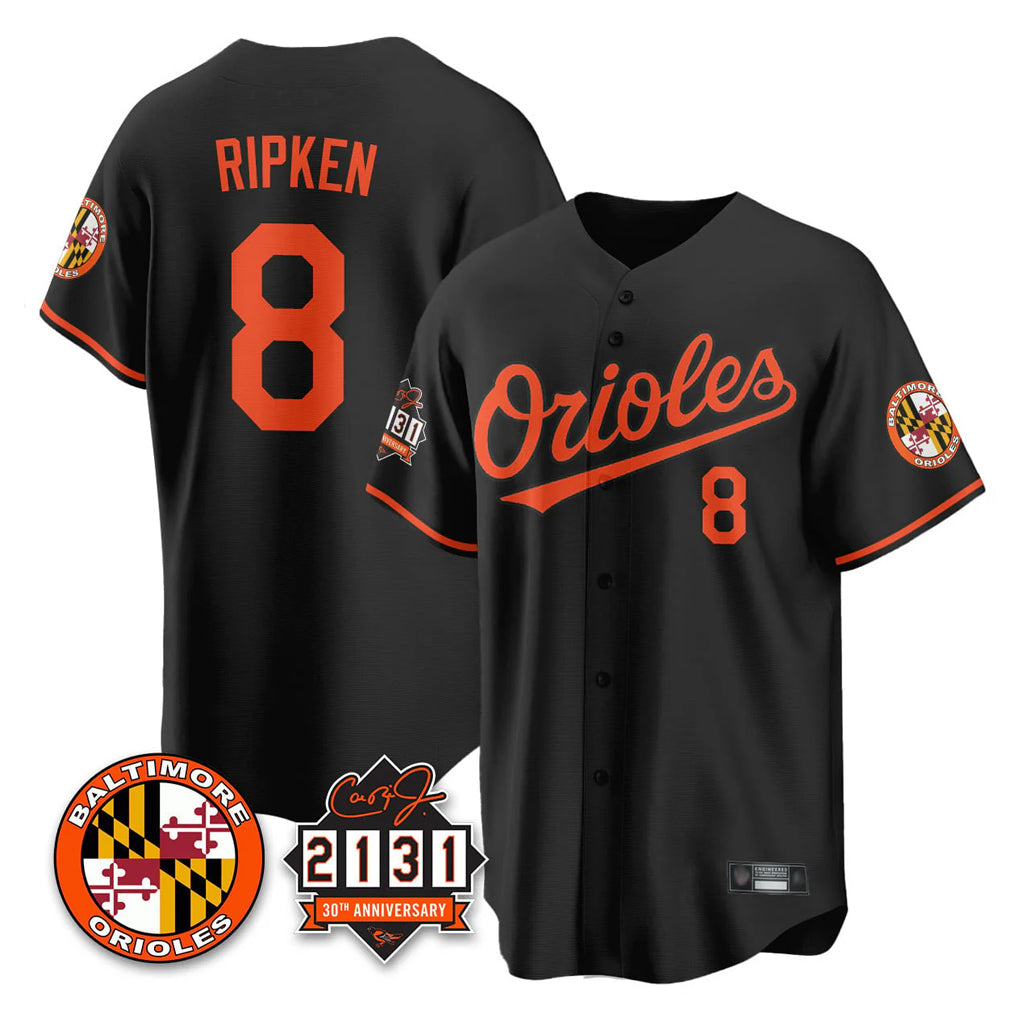 Silnrao B.Orioles #8 Cal Ripken Player Black 30th Anniversary of 2131 Home Game Stitched Jerseys
