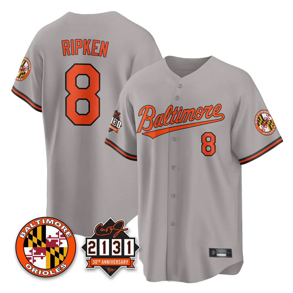 Silnrao B.Orioles #8 Cal Ripken Player Gray 30th Anniversary of 2131 Home Game Stitched Jerseys