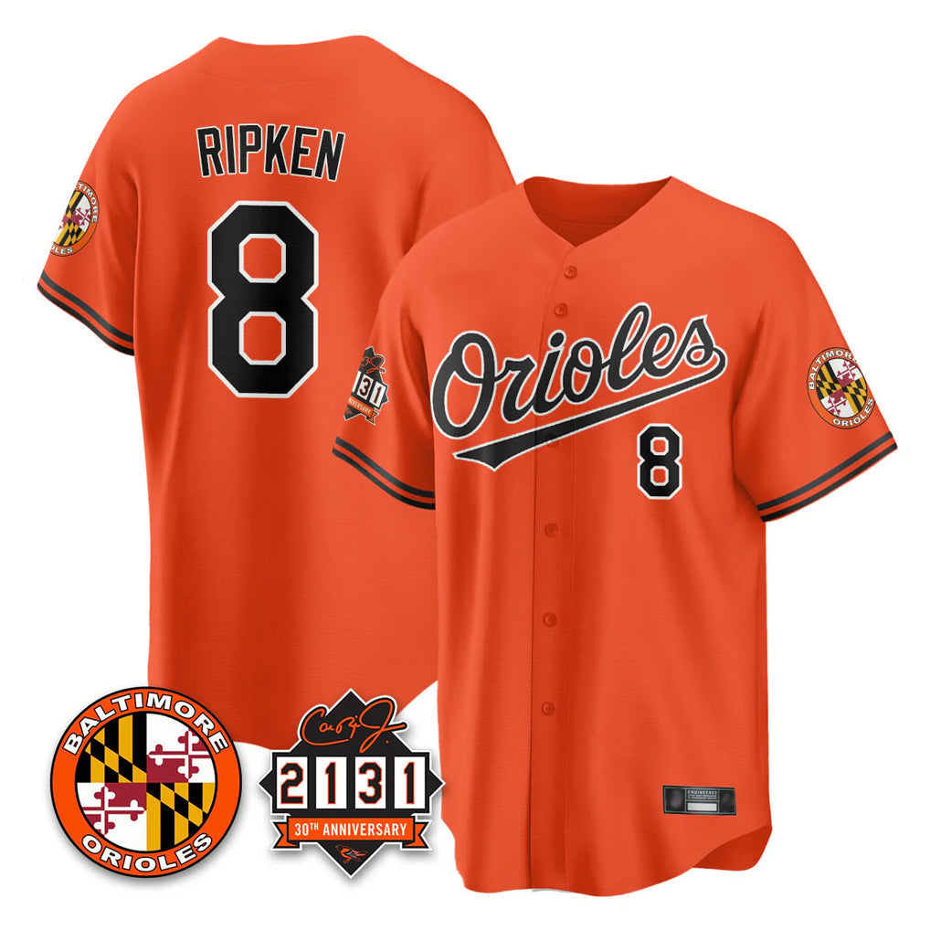 Silnrao B.Orioles #8 Cal Ripken Player Orange 30th Anniversary of 2131 Home Game Stitched Jerseys