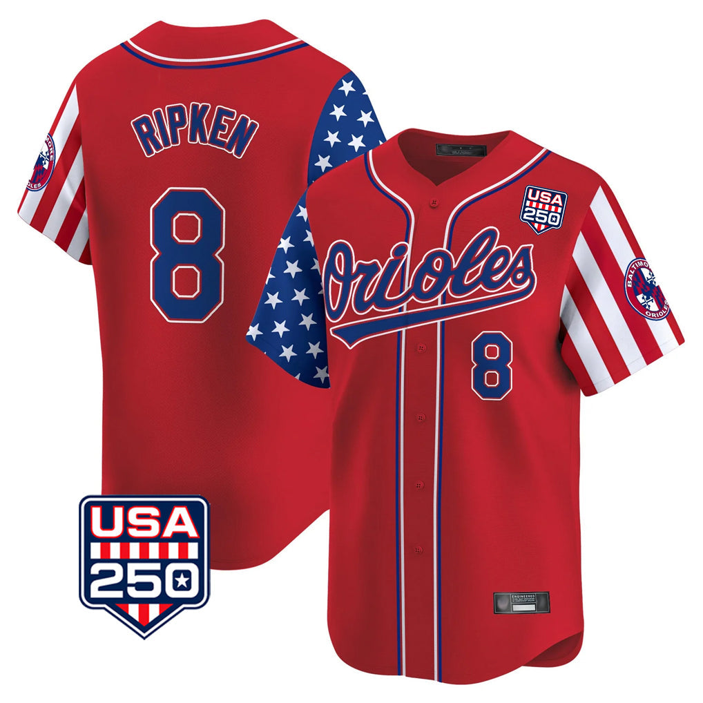 Silnrao B.Orioles #8 Cal Ripken Player Red USA 250 Independence Day Vapor Premier Limited Home Game Stitched Jerseys