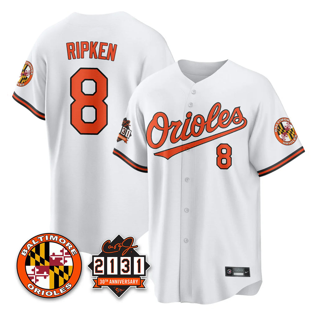 Silnrao B.Orioles #8 Cal Ripken Player White 30th Anniversary of 2131 Home Game Stitched Jerseys