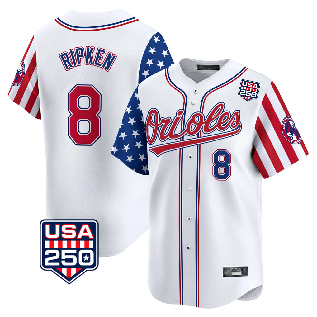 Silnrao B.Orioles #8 Cal Ripken Player White USA 250 Independence Day Vapor Premier Home Game Stitched Jerseys