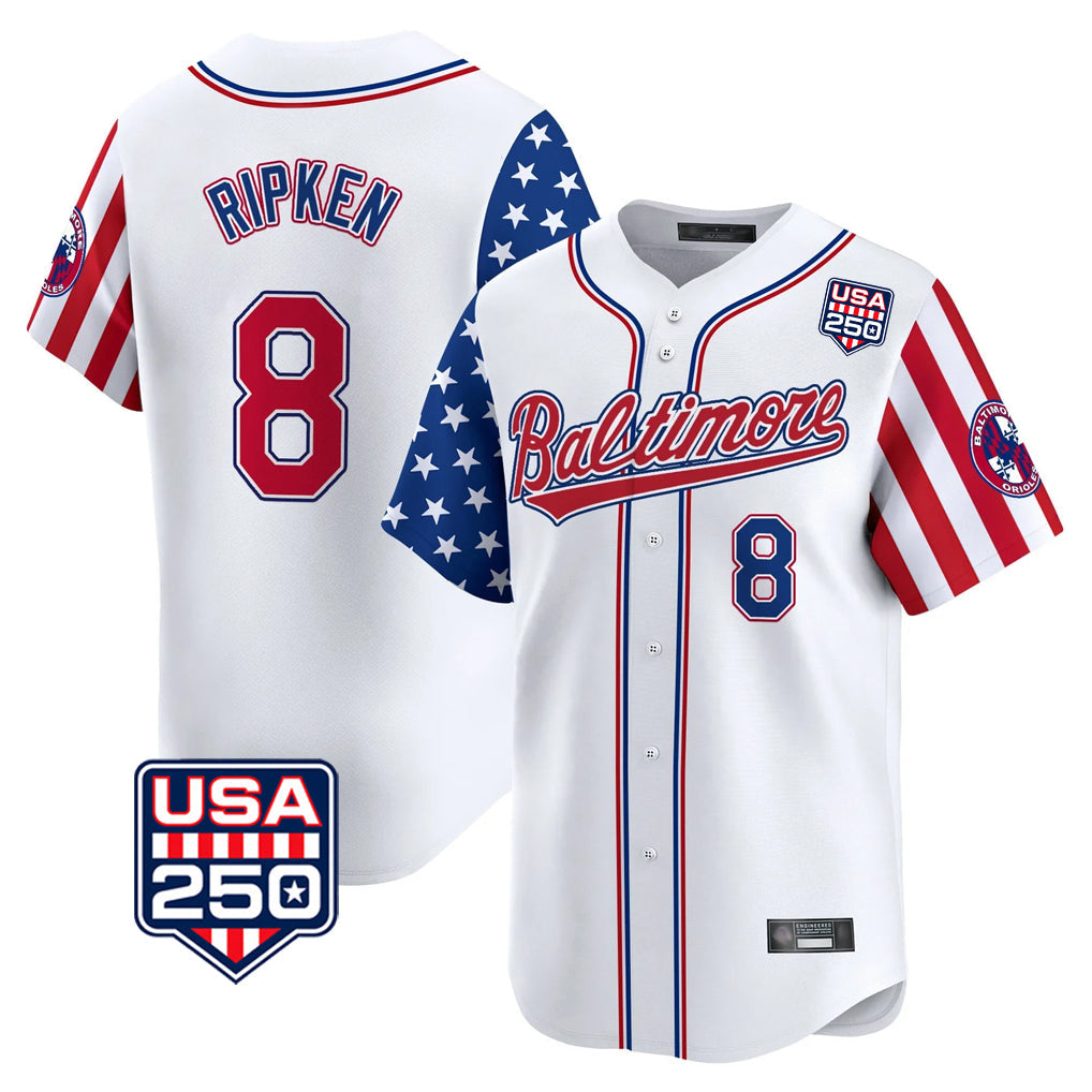 Silnrao B.Orioles #8 Cal Ripken Player White USA 250 Independence Day Vapor Premier Limited Home Game Stitched Jerseys