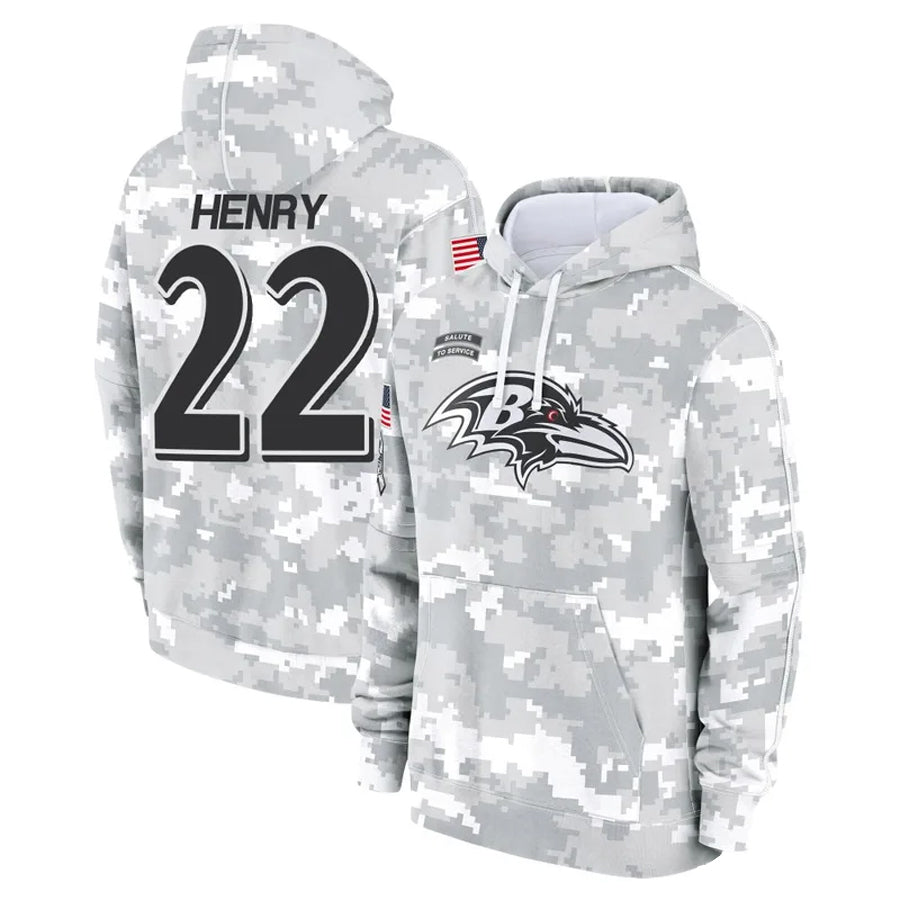 Silnrao B.Ravens #22 Derrick Henry Player Military Hoodie Arctic Camo Salute To Service Stitched Jerseys