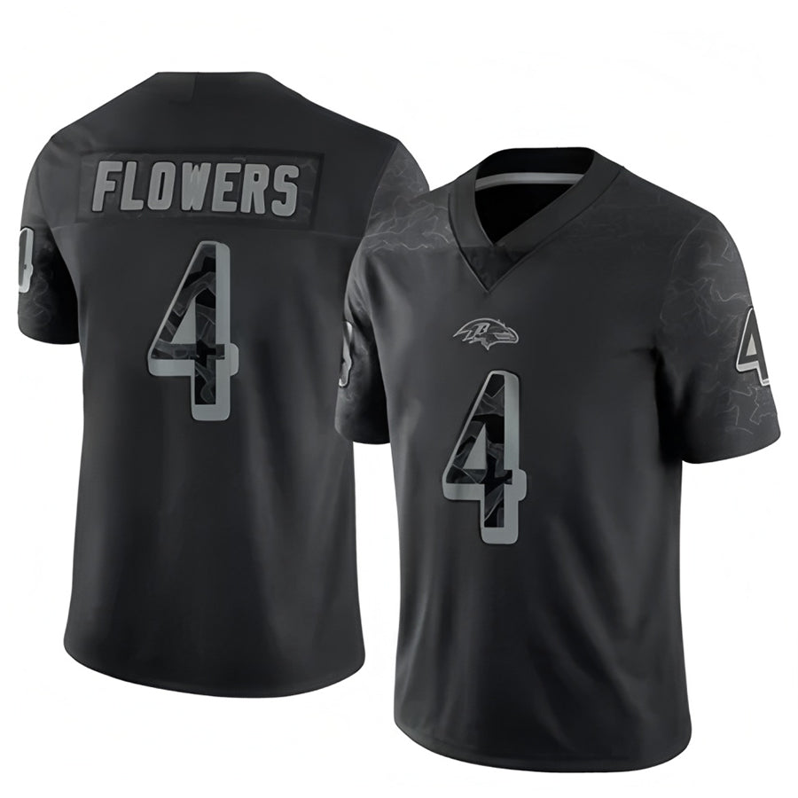Silnrao B.Ravens #4 Zay Flowers Player Black REFLECTIVE Limited Stitched Jerseys