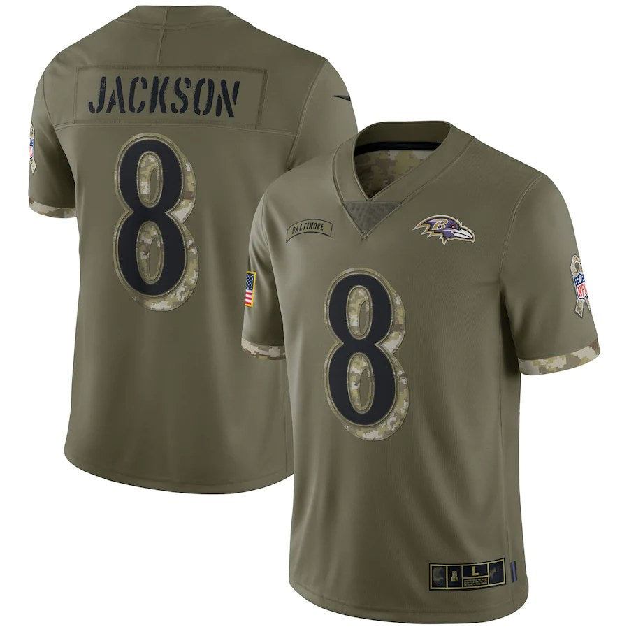 Silnrao B.Ravens #8 Lamar Jackson Player Olive Salute To Service Stitched Jerseys