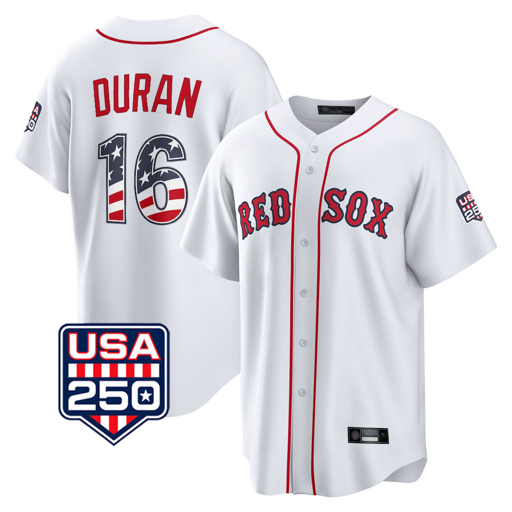 Silnrao B.Red Sox #16 Jarren Duran Player White USA 250 Fourth of July Home Game Stitched Jerseys