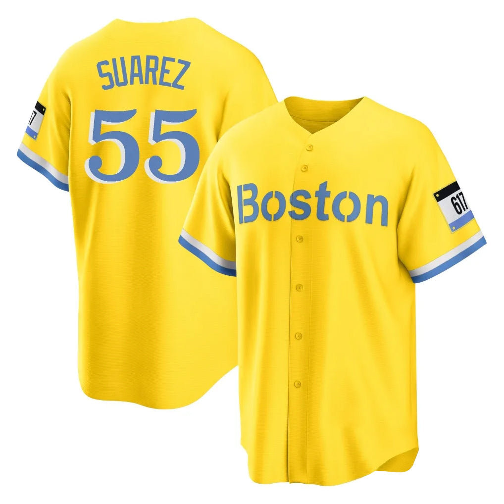 Silnrao B.Red Sox #55 Ranger Su¨¢rez Player Yellow Home Game Stitched Jerseys1