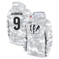 Silnrao C.Bengals #9 Joe Burrow Player Arctic Camo Salute to Service Pullover Hoodie Stitched Jerseys