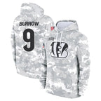 Silnrao C.Bengals #9 Joe Burrow Player Arctic Camo Salute to Service Pullover Hoodie Stitched Jerseys