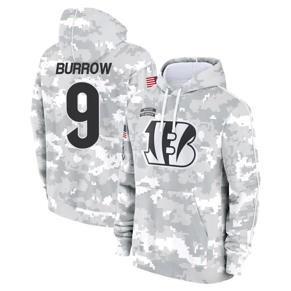 Silnrao C.Bengals #9 Joe Burrow Player Arctic Camo Salute to Service Pullover Hoodie Stitched Jerseys