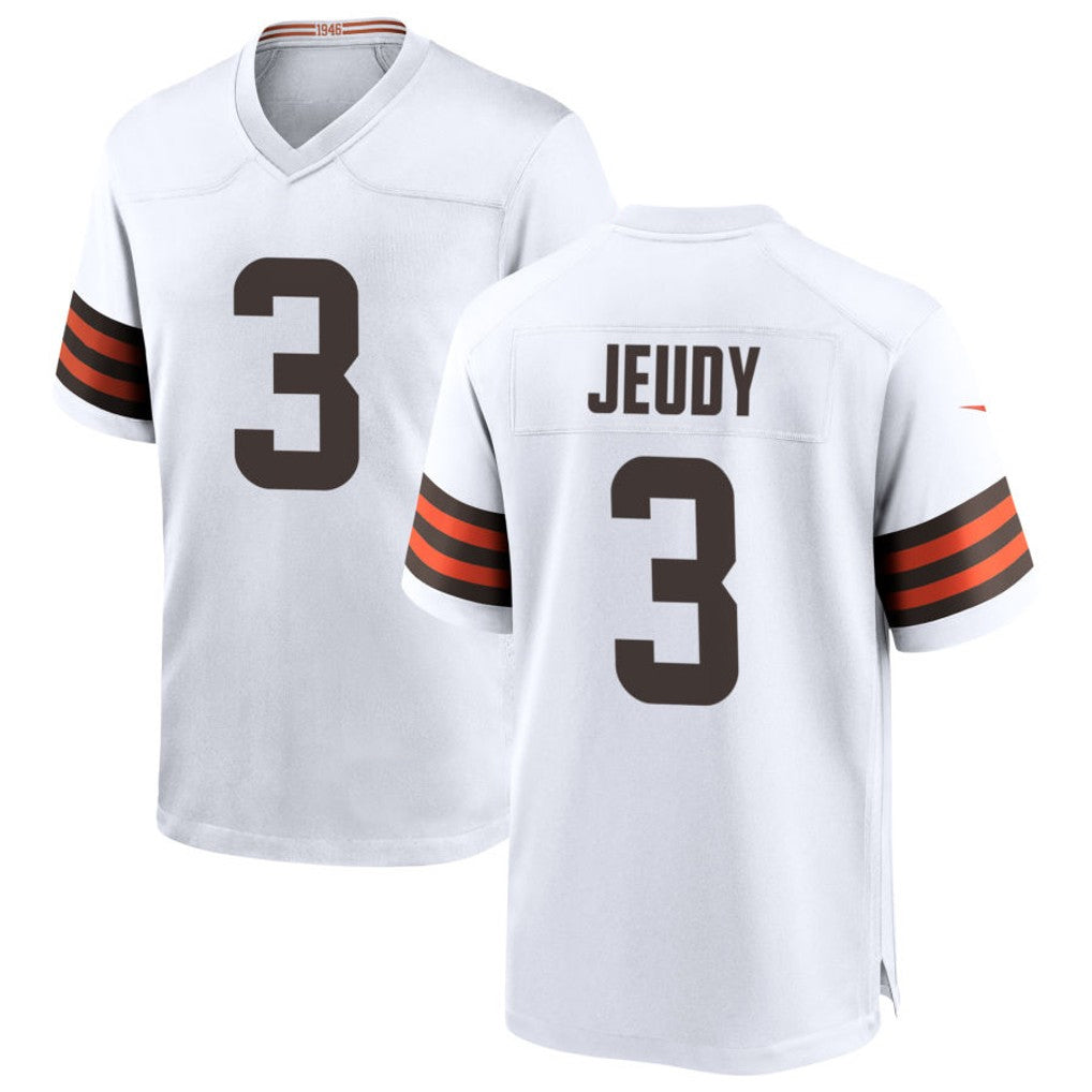 SilnraoC.Browns #3 Jerry Jeudy Player White Home Game Stitched Jerseys