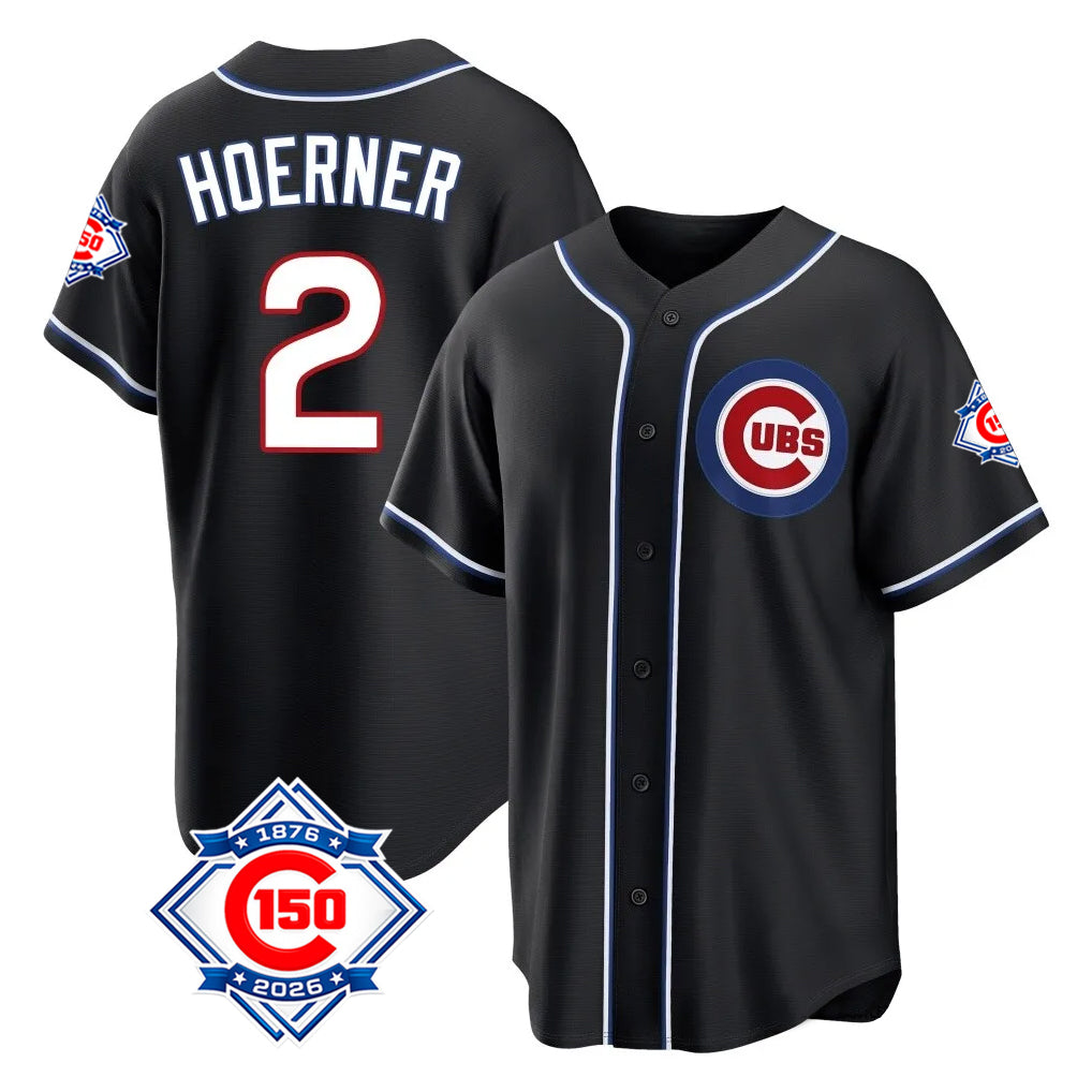 Silnrao C.Cubs #2 Nico Hoerner Player Black Fashion Out 150th Anniversary Game Stitched Jerseys