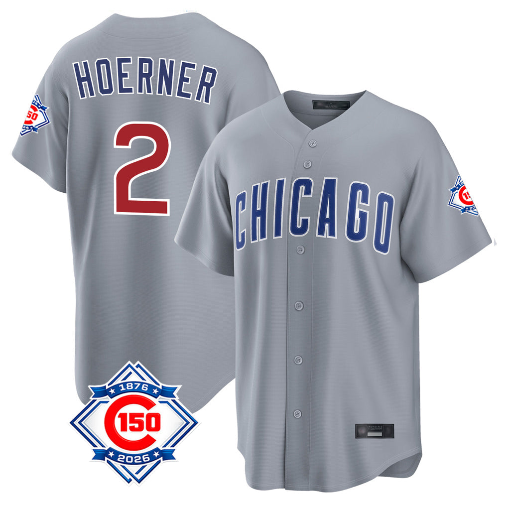 Silnrao C.Cubs #2 Nico Hoerner Player Gray 150th Anniversary Home Game Stitched Jerseys