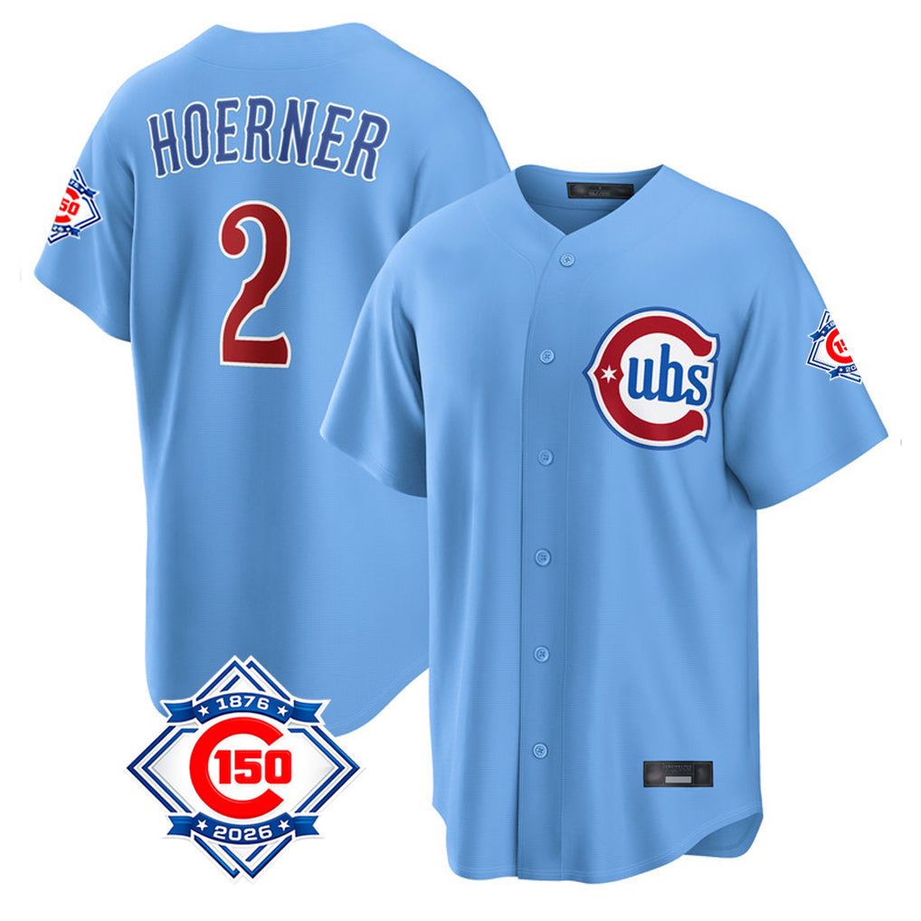 Silnrao C.Cubs #2 Nico Hoerner Player Light Blue 150th Anniversary Home Game Stitched Jerseys