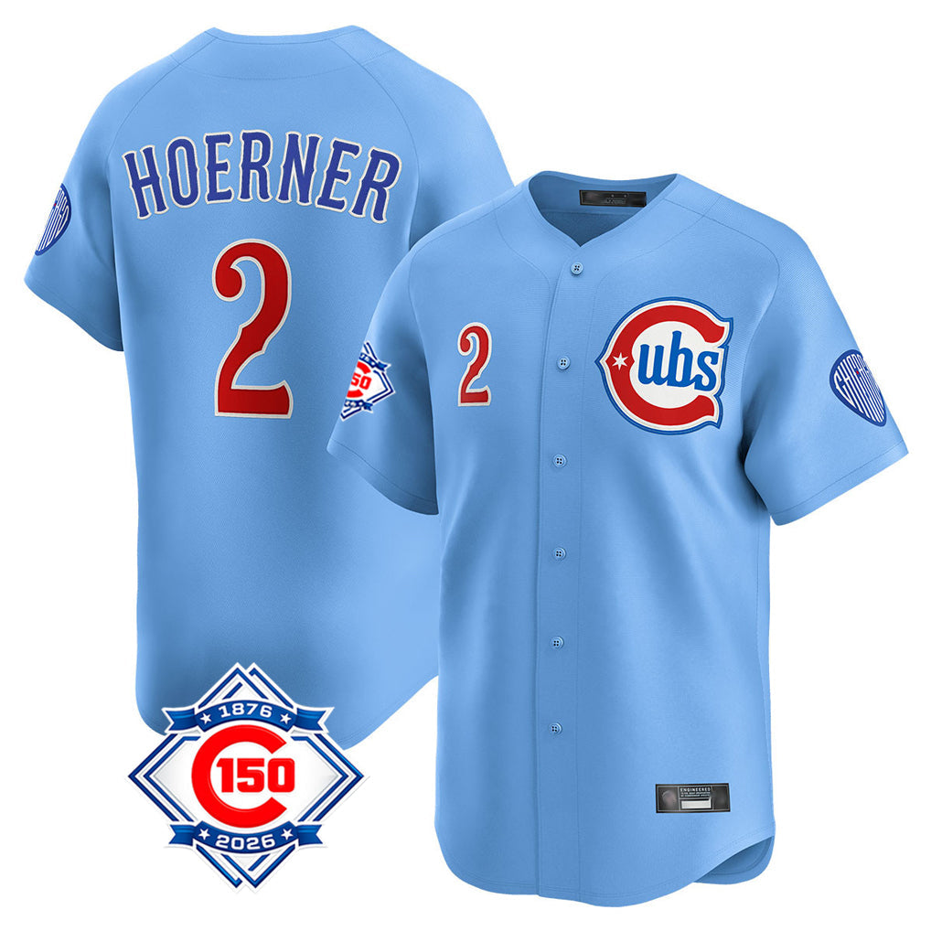 Silnrao C.Cubs #2 Nico Hoerner Player Light Blue 150th Anniversary Limited Home Stitched Jerseys
