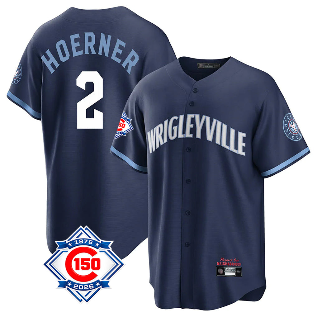 Silnrao C.Cubs #2 Nico Hoerner Player Navy 150th Anniversary City Connect Home Game Stitched Jerseys