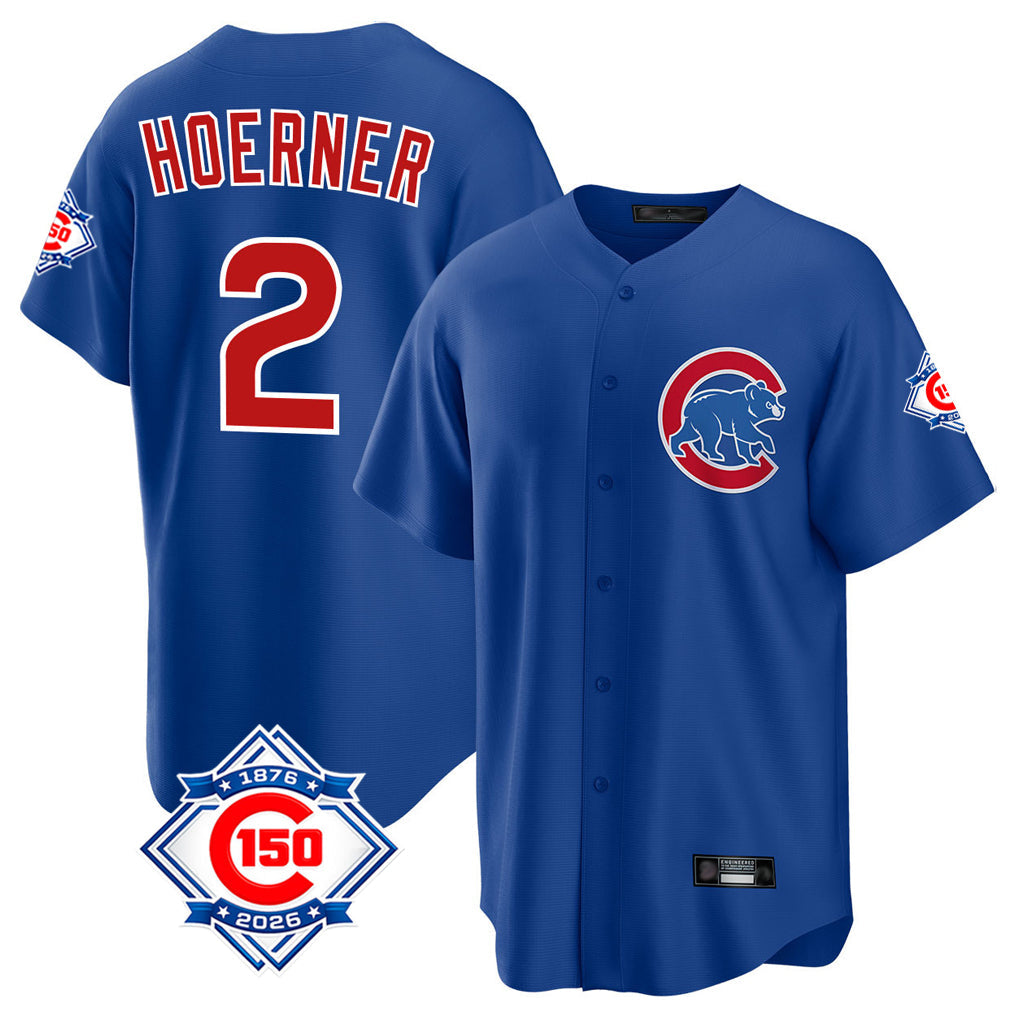 Silnrao C.Cubs #2 Nico Hoerner Player Royal 150th Anniversary Home Game Stitched Jerseys