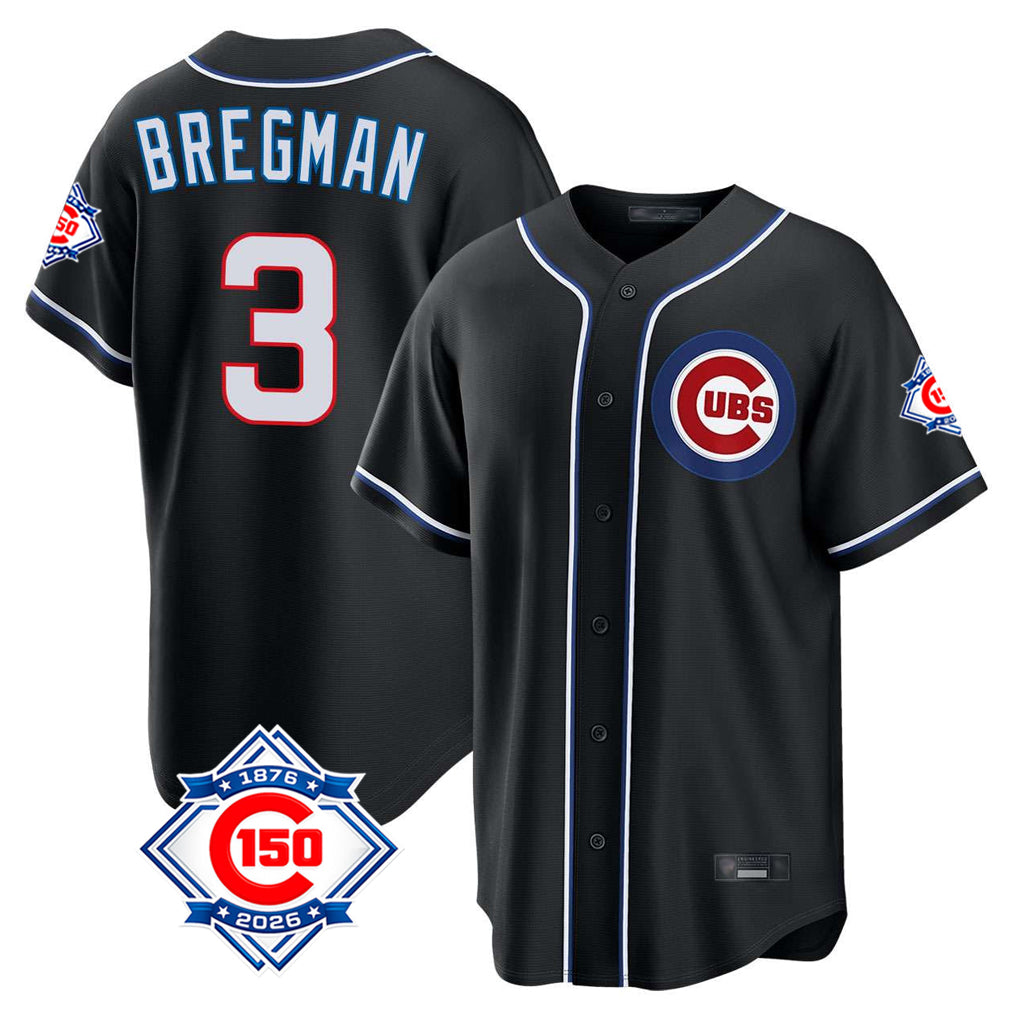 Silnrao C.Cubs #3 Alex Bregman Player Black Fashion Out 150th Anniversary Game Stitched Jerseys