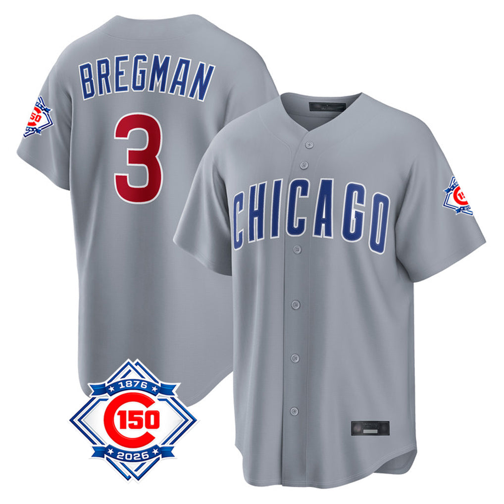 Silnrao C.Cubs #3 Alex Bregman Player Gray 150th Anniversary Home Game Stitched Jerseys