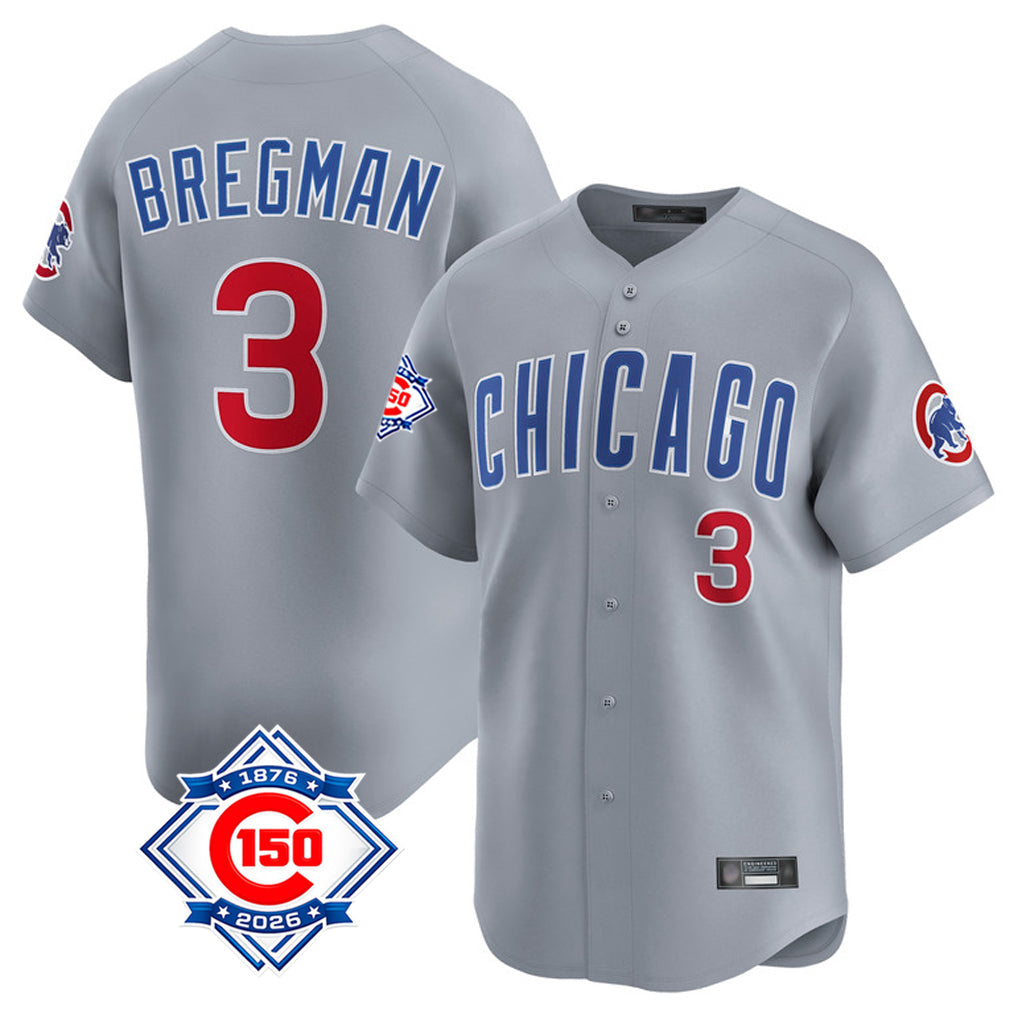 Silnrao C.Cubs #3 Alex Bregman Player Gray Road 150th Anniversary Limited Home Stitched Jerseys