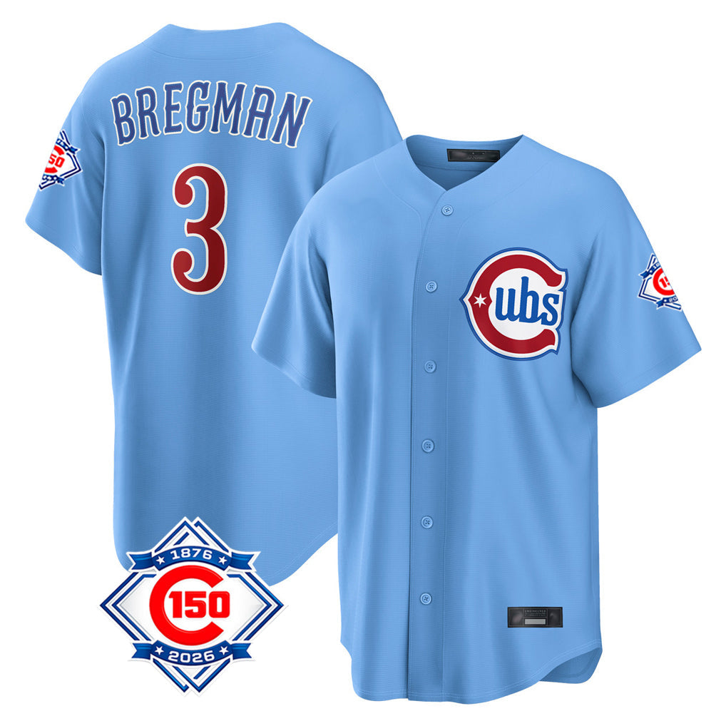 Silnrao C.Cubs #3 Alex Bregman Player Light Blue 150th Anniversary Home Game Stitched Jerseys