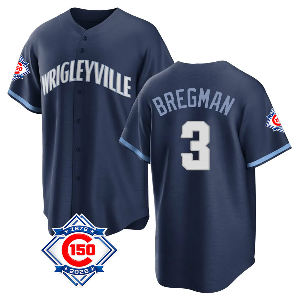 Silnrao C.Cubs #3 Alex Bregman Player Navy 150th Anniversary City Connect Home Game Stitched Jerseys