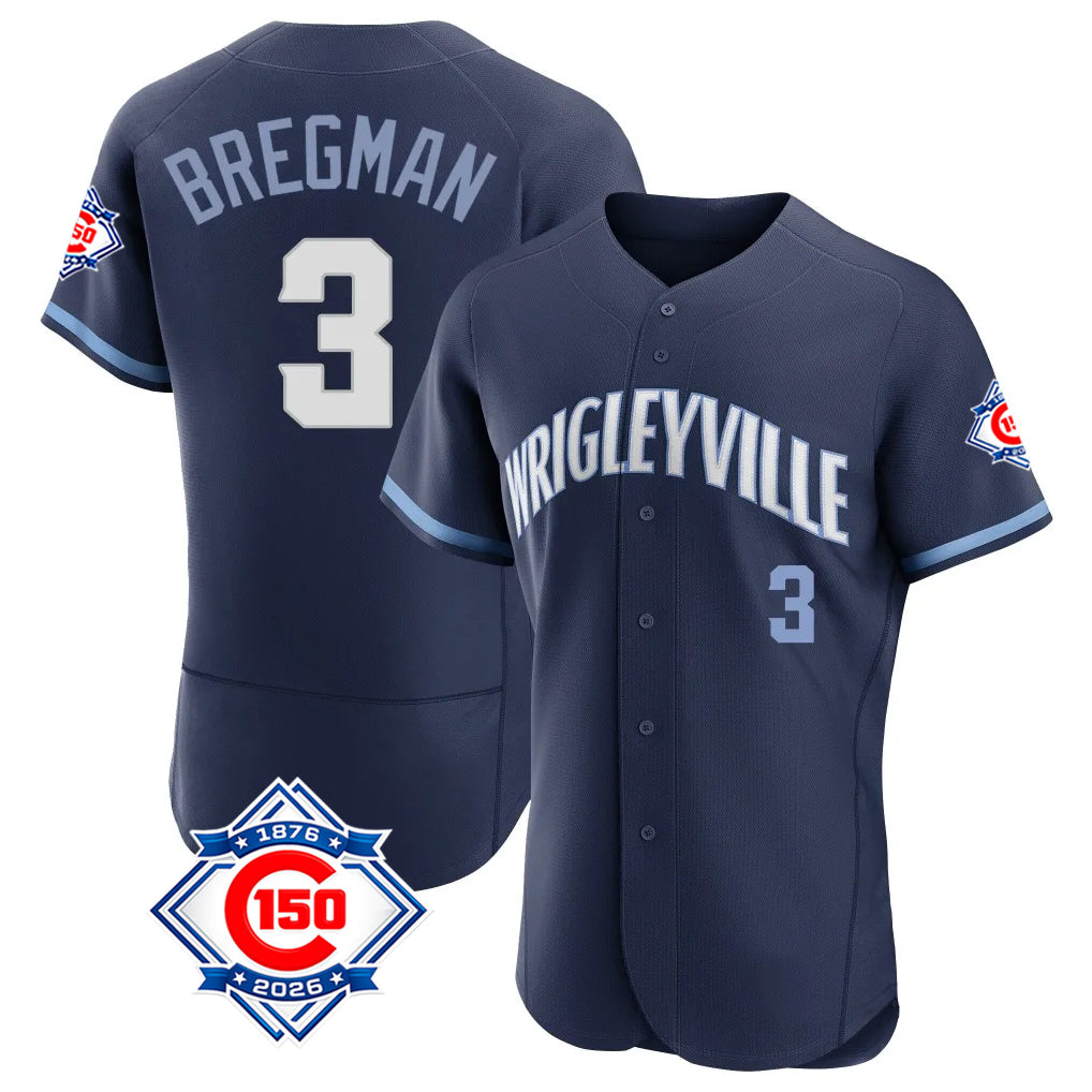 Silnrao C.Cubs #3 Alex Bregman Player Navy City Connect 150th Anniversary Limited Home Stitched Jerseys