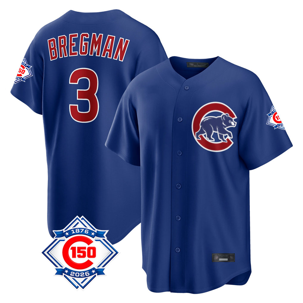 Silnrao C.Cubs #3 Alex Bregman Player Royal 150th Anniversary Home Game Stitched Jerseys