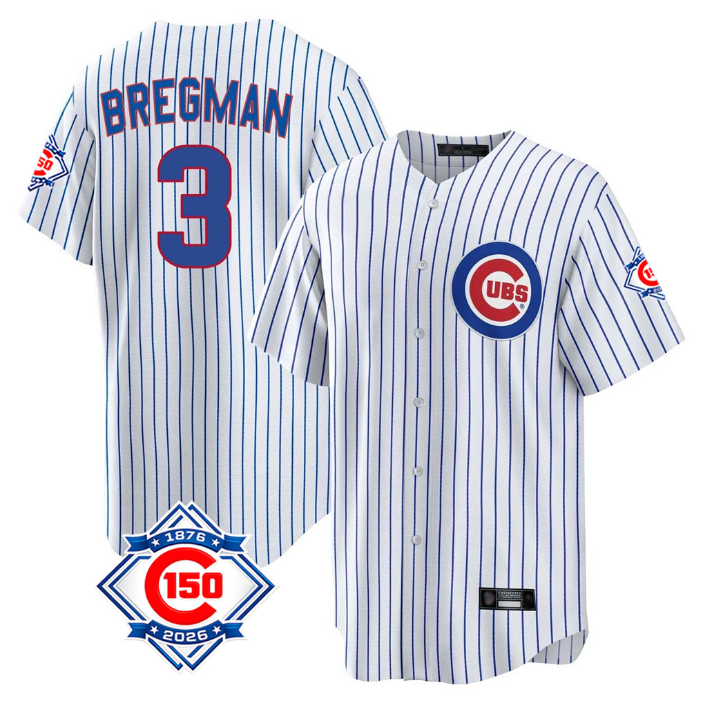 Silnrao C.Cubs #3 Alex Bregman Player White 150th Anniversary Home Game Stitched Jerseys