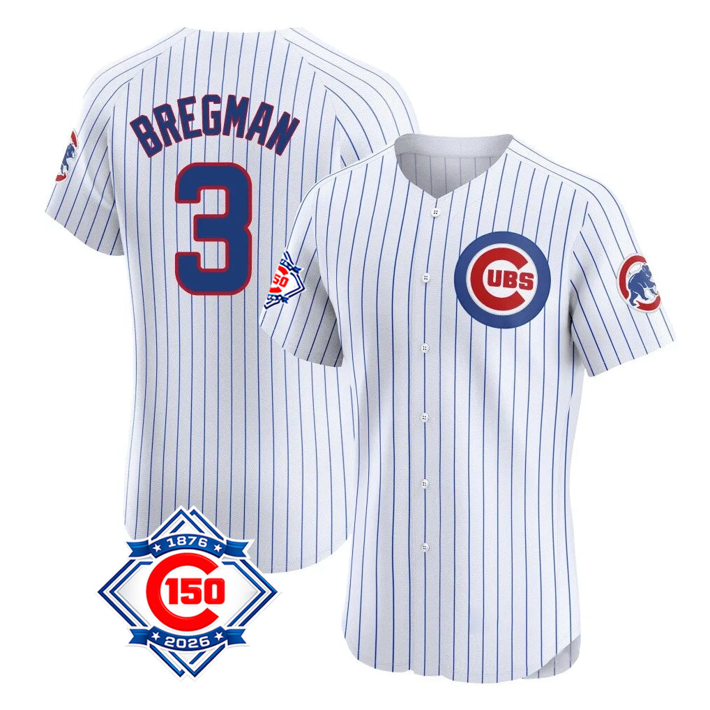 Silnrao C.Cubs #3 Alex Bregman Player White 150th Anniversary Limited Elite Home Game Stitched Jerseys