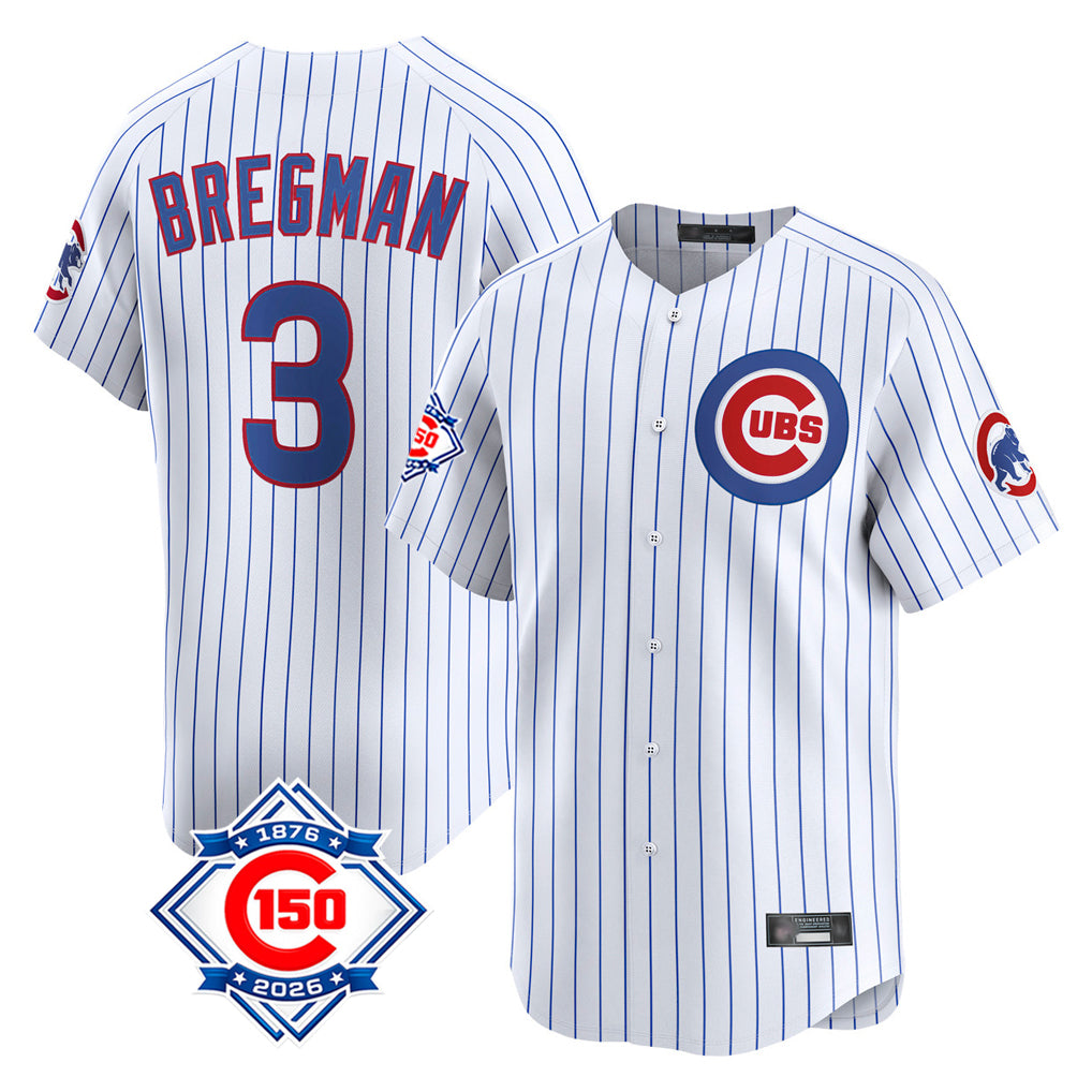Silnrao C.Cubs #3 Alex Bregman Player White 150th Anniversary Limited Home Game Stitched Jerseys