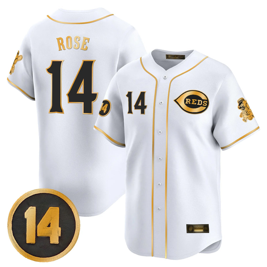 Silnrao C.Reds #14 Pete Rose Player White-Gold Vapor Premier Limited Home Stitched Jerseys