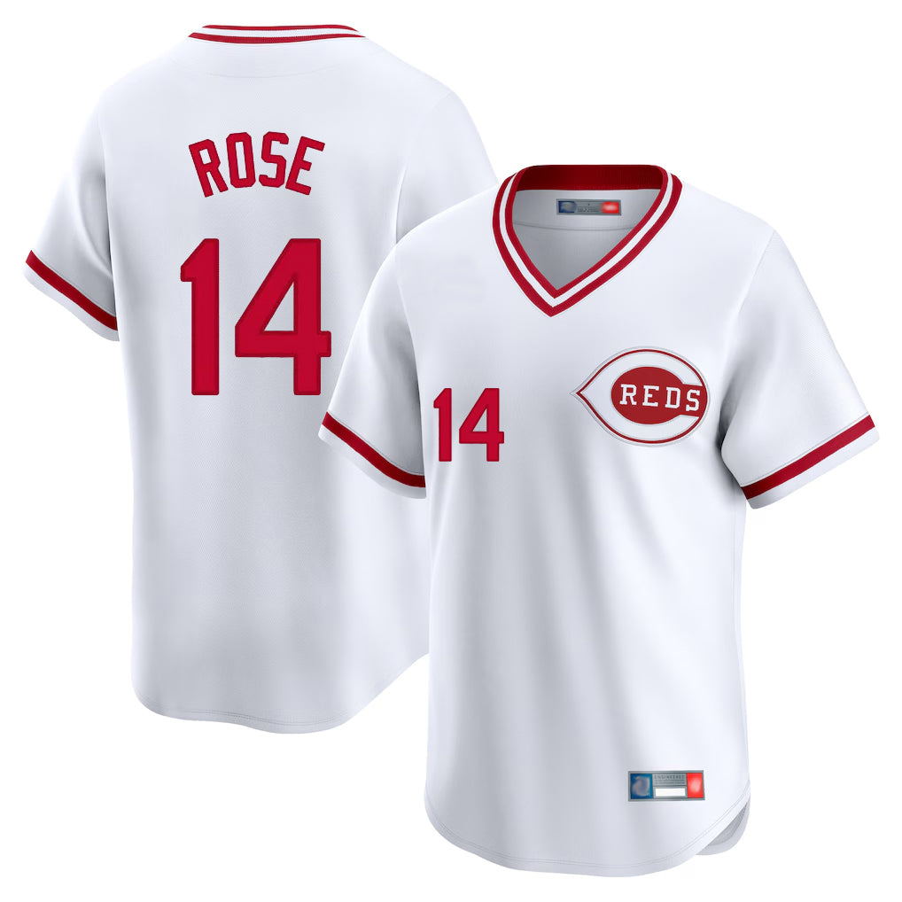Silnrao C.Reds #14 Pete Rose Player White Cooperstown Collection Limited T-shirt Home Stitched Jerseys