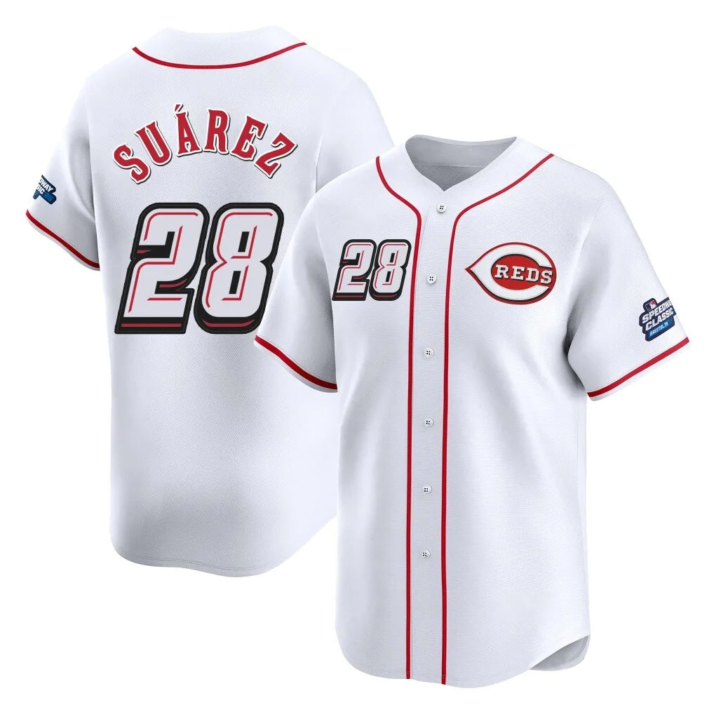 Silnrao C.Reds #28 Eugenio Su¨¢rez Player White Speedway Classic Home Limited Stitched Jerseys