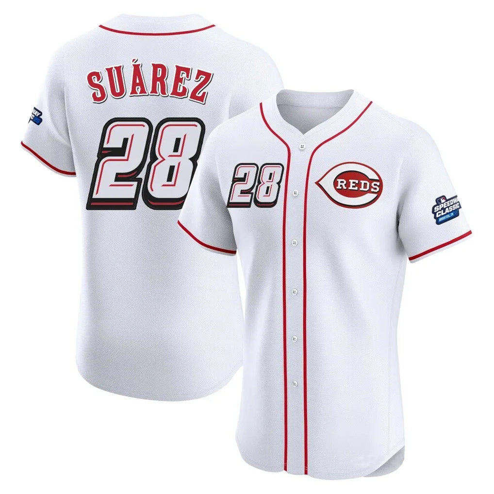 Silnrao C.Reds #28 Eugenio Su¨¢rez Player White Speedway Classic Limited Elite Home Stitched Jerseys