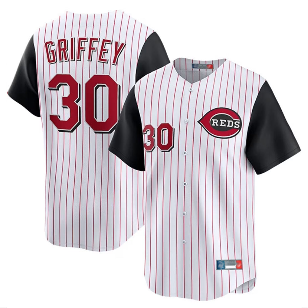 Silnrao C.Reds #30 Ken Griffey Player White Black Stripe Field of Dreams Game Home Stitched Jerseys