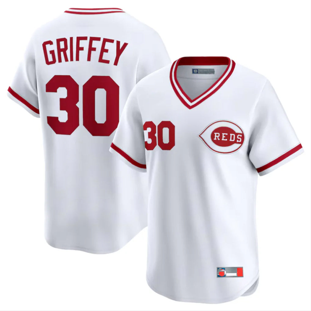 Silnrao C.Reds #30 Ken Griffey Player White Cooperstown Collection Limited T-shirt Home Stitched Jerseys