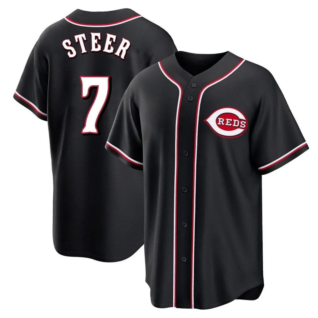 Silnrao C.Reds #7 Spencer Steer Player Black Fashion Out Home Game Stitched Jerseys