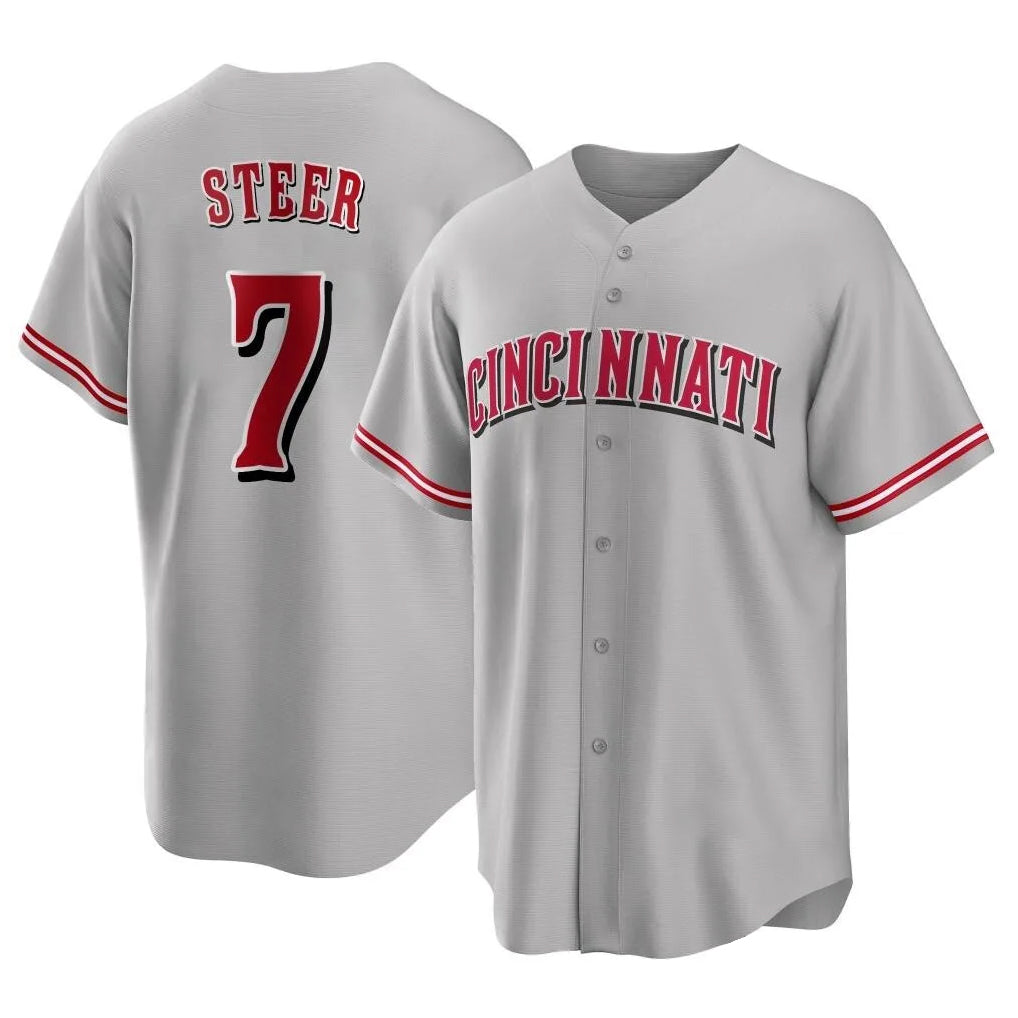 Silnrao C.Reds #7 Spencer Steer Player Gray Home Game Stitched Jerseys