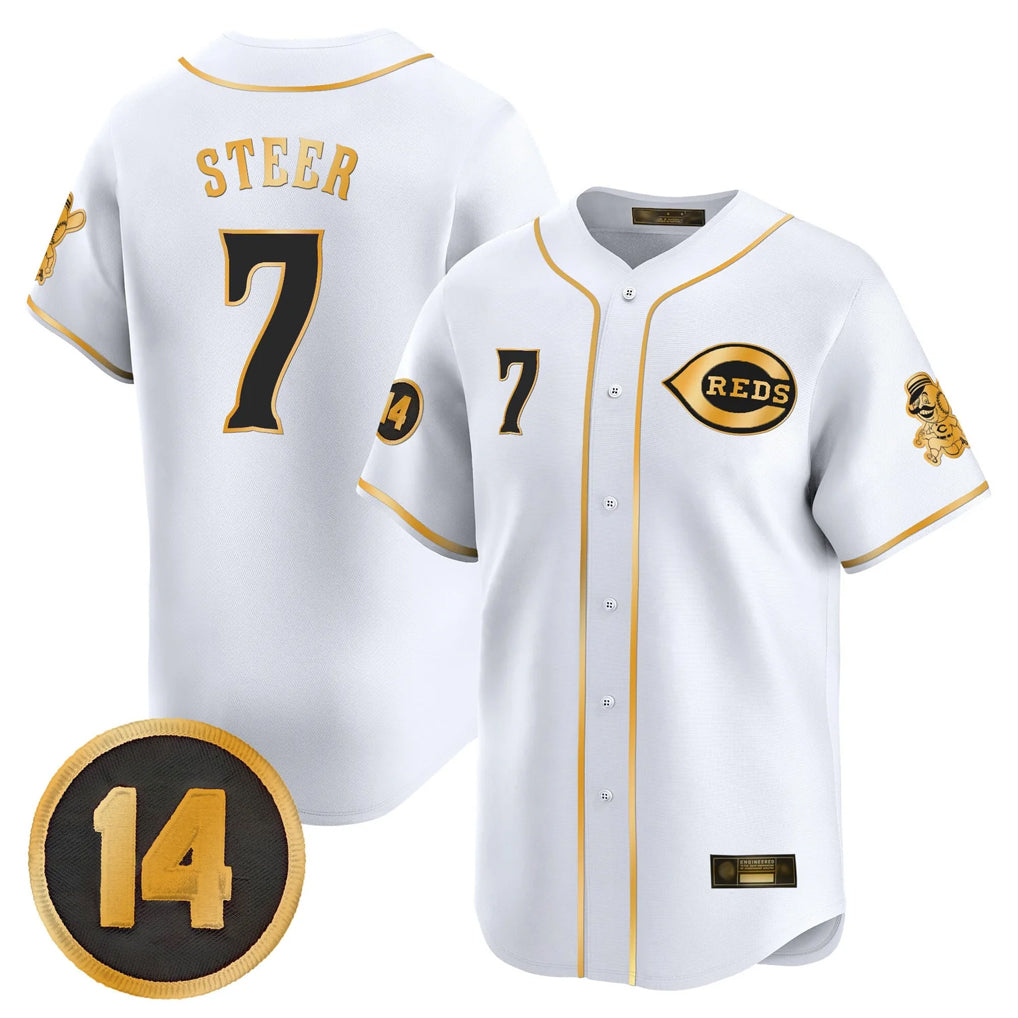 Silnrao C.Reds #7 Spencer Steer Player White-Gold Vapor Premier Limited Home Stitched Jerseys
