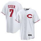 Silnrao C.Reds #7 Spencer Steer Player White Home Game Stitched Jerseys