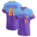 Silnrao  C.Rockies #21 Kyle Freeland Player Purple-Light Blue City Connect Limited Elite Home T-shirt Stitched Jerseys