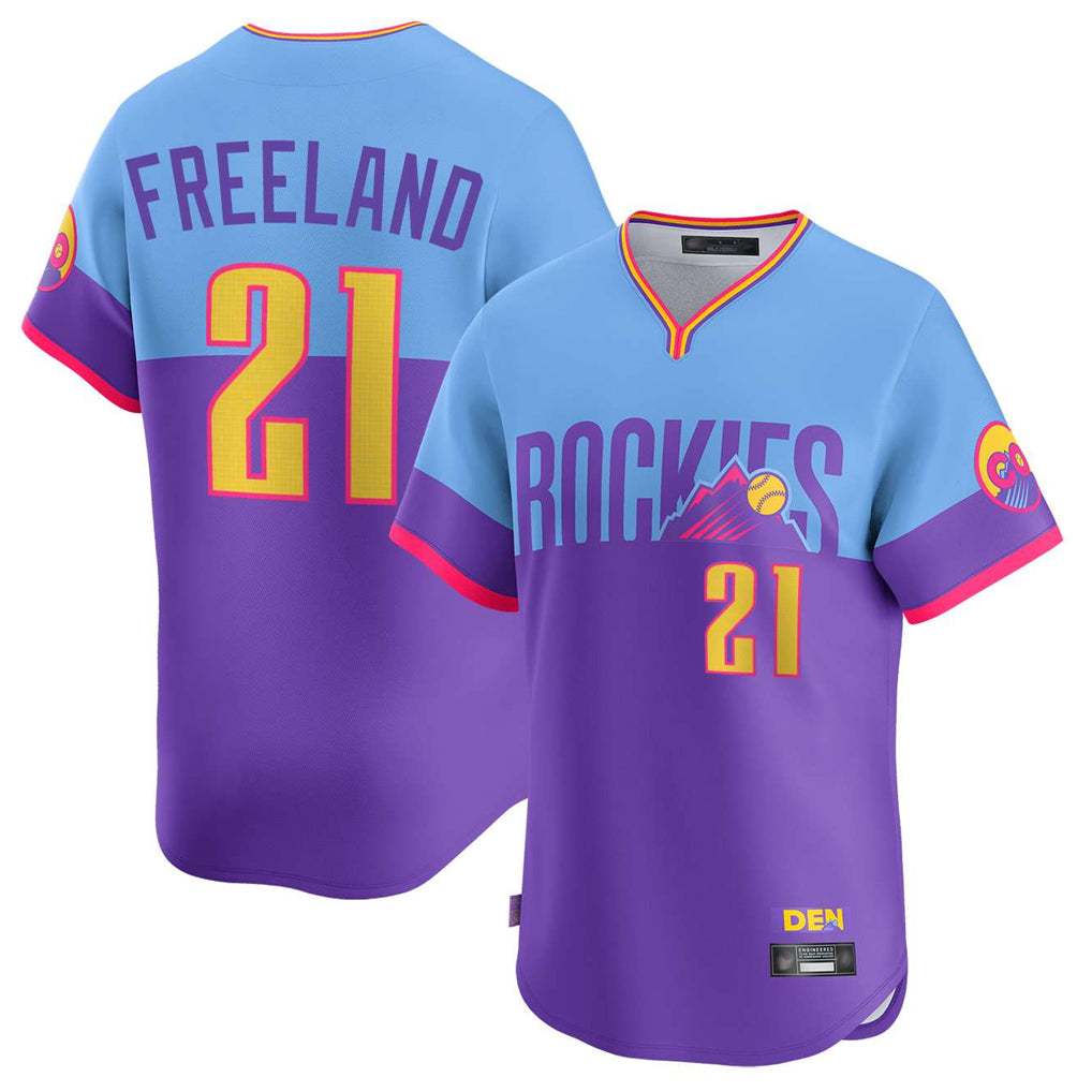 Silnrao  C.Rockies #21 Kyle Freeland Player Purple-Light Blue City Connect Limited Home T-shirt Stitched Jerseys