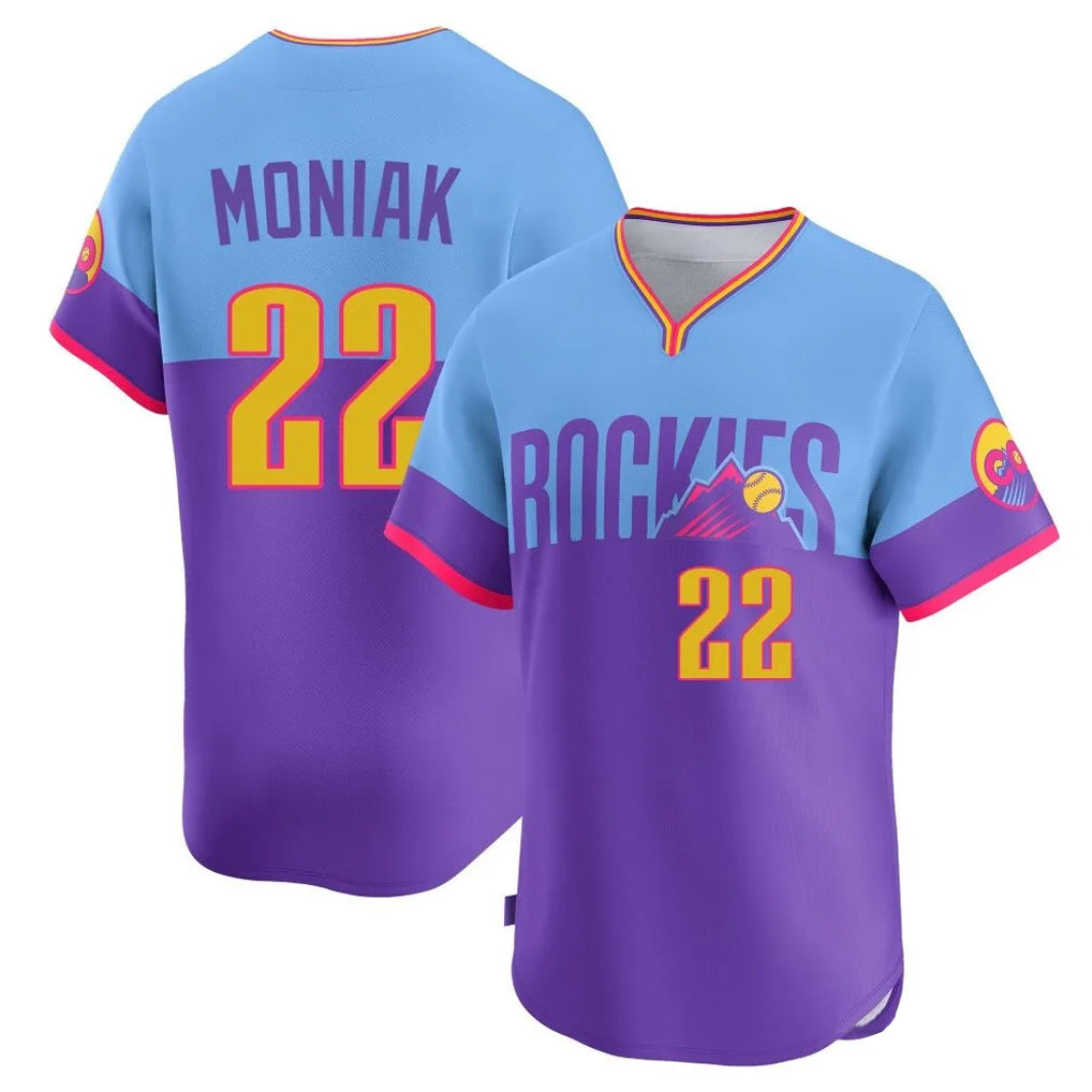 Silnrao  C.Rockies #22 Mickey Moniak Player Purple-Light Blue City Connect Limited Home T-shirt Stitched Jerseys