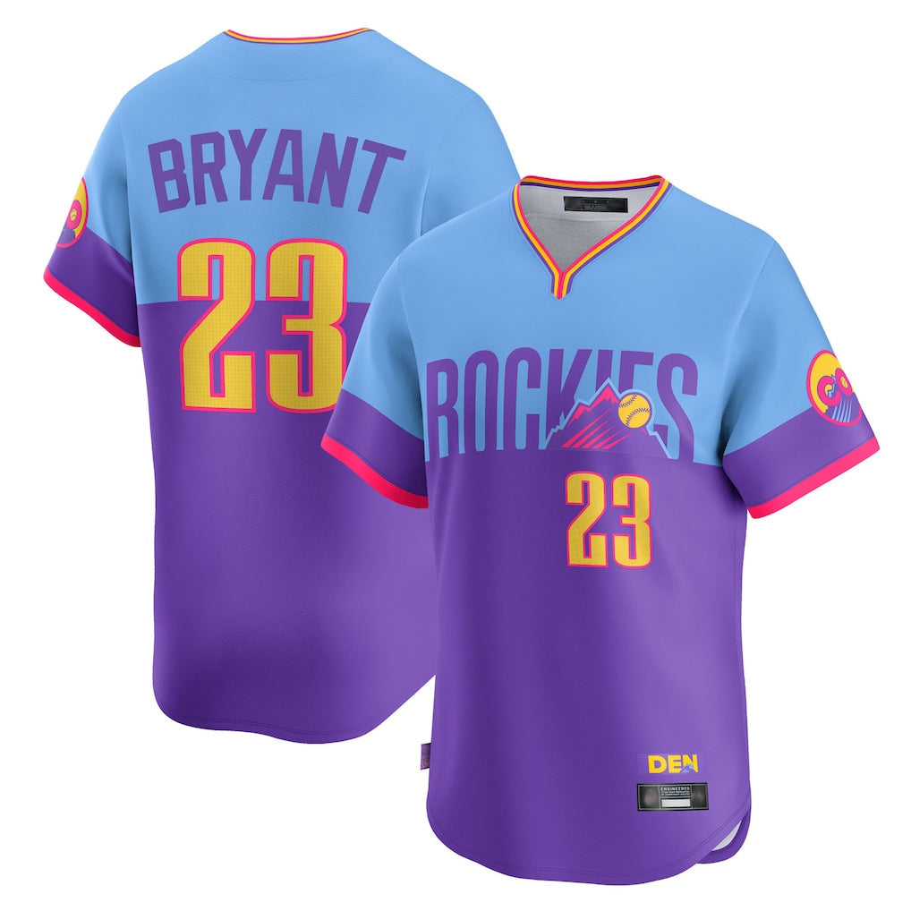 Silnrao  C.Rockies #23 Kris Bryant Player Purple-Light Blue City Connect Limited Home T-shirt Stitched Jerseys
