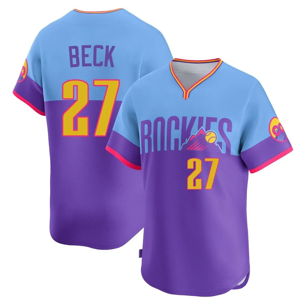 Silnrao C.Rockies #27 Jordan Beck Player Purple-Light Blue City Connect Limited Home T-shirt Stitched Jerseys