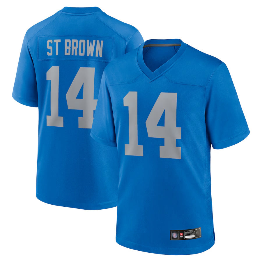Silnrao D.Lions Alternate Game Stitched Jerseys Throwback - Blue - #14 Amon-Ra St. Brown Player