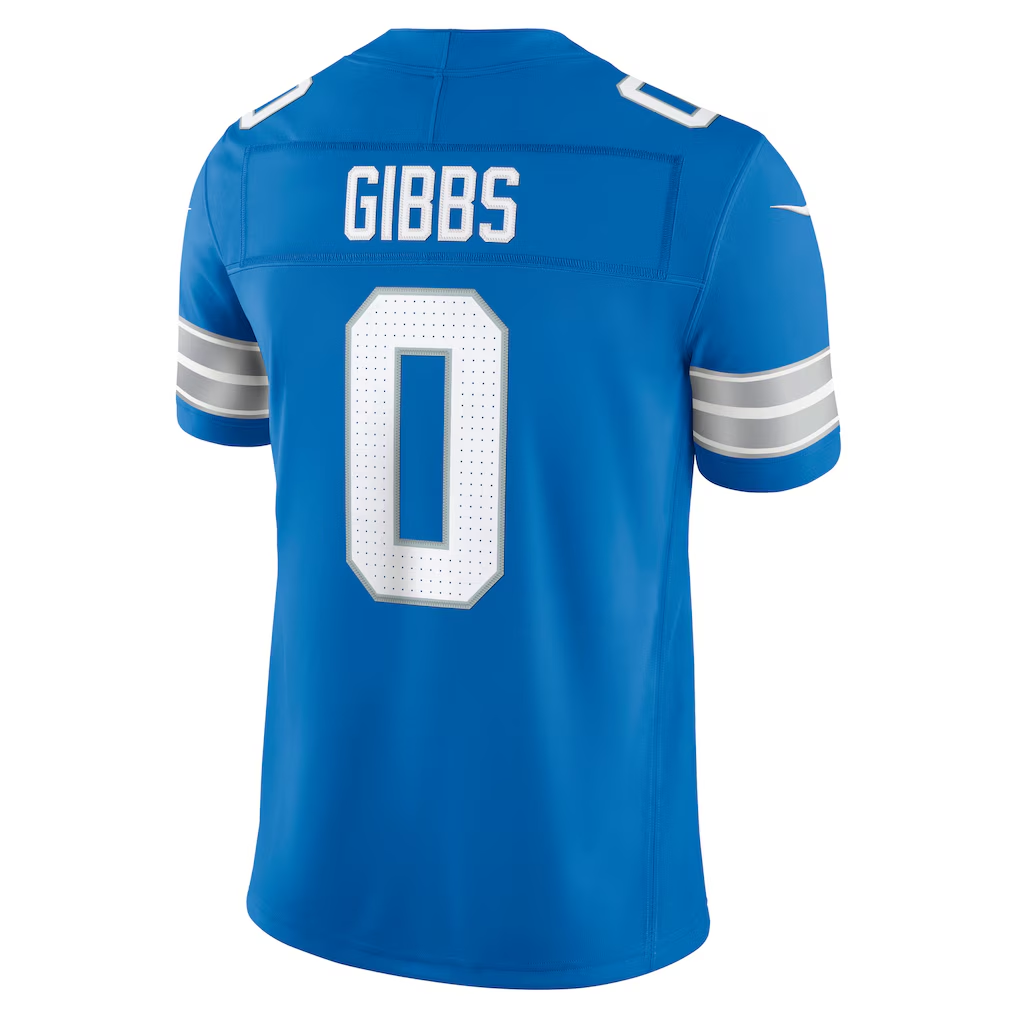 Silnrao D.Lions #0 Jahmyr Gibbs Blue Team Vapor F.U.S.E. Stitched Limited Jerseys